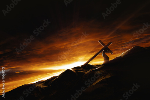 골고다 언덕의 하늘은 장엄한 빛과 구름에 휩싸이고 죽음과 희생과 부활을 상징하는 고난의 십자가를 지고는 예수 그리스도 