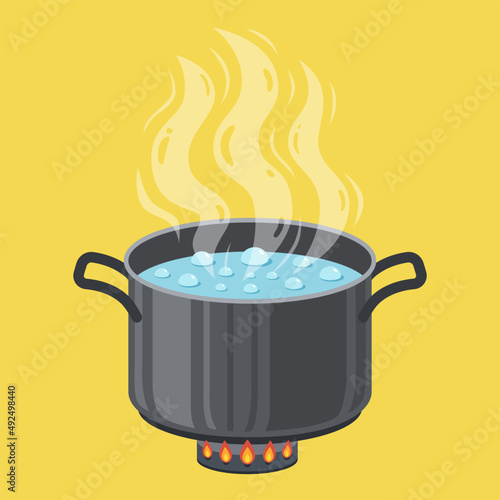 Boiled water in the black pot. Vector illustration.