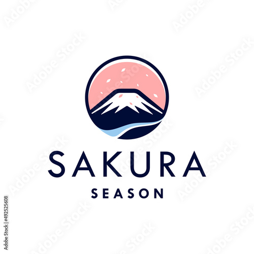 cherry blossoms falls with mountain japan logo design icon vector illustration. fuji ice mountain with sakura fall flower season and pink sky logo illustration icon design in trendy badge style