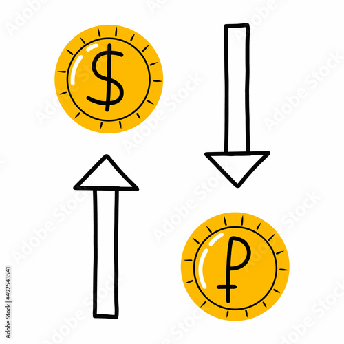 Vector illustration of the growth of the dollar and the fall of the ruble. Doodle style. Dollar growth concept.