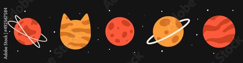 Vector planet set in flat style. Orange and red planets with spots, stripes and rings. Planet in the shape of a cat.