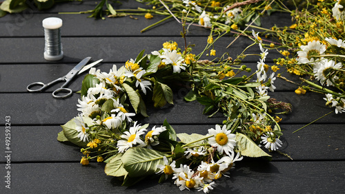 Traditional Swedish Midsummer flower crown, made with wild summer and by using wire and scissor. 