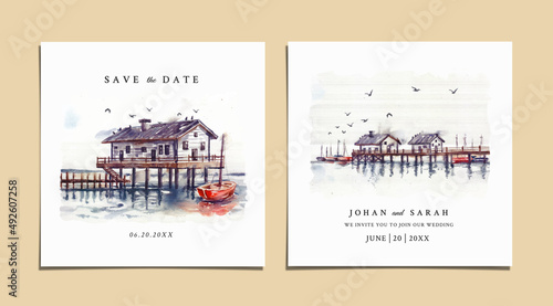 Wedding invitation of nature landscape with house and harbor view watercolor
