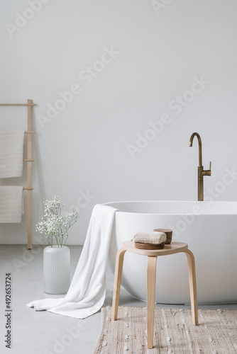 Classic white bathtub and decor in modern bathroom