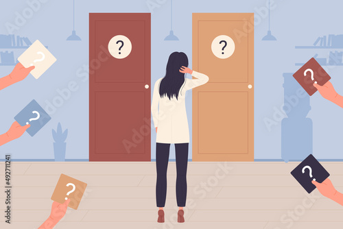 Woman standing near two doors to choose right or left entrance to room vector illustration. Cartoon many hands of people holding question marks about correct creative choice, person with dilemma