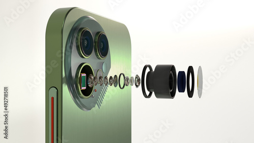 Close up view of digital camera lenses module of modern smartphone, smartphone sensor, optical layout, disassembled lens, 3D rendering