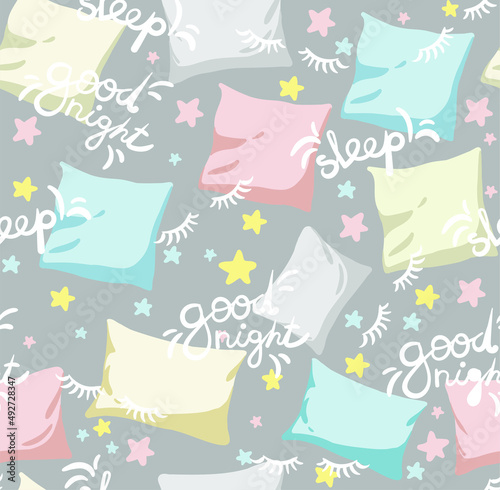  Vector seamless pattern with hand drawn pillows and stars. Blank for printing on paper and fabrics. Print for pajamas and textiles for bed linen.