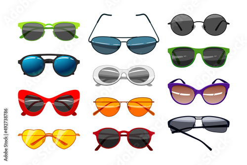 Trendy sunglasses set. Vector illustrations of retro and modern glasses with different shapes and colors. Cartoon accessory collection for eye protection from sun isolated on white. Fashion concept
