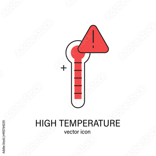 Danger high temperature thermometer vector line minimalist illustration. Summer or body extreme temperatures. Climate change and earth heating warning sign.