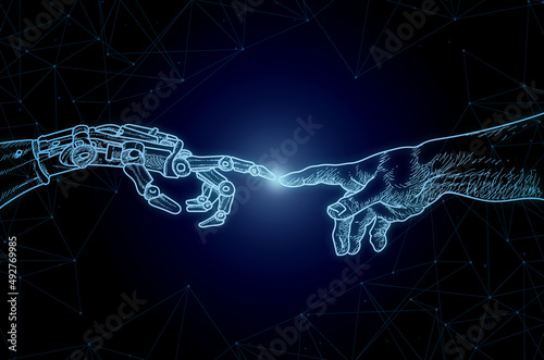 Creation of Adam, Michelangelos Theme in context of AI artificial intelligence and Robotics, humans and robots connected, vector graphic, Sci Fi Art