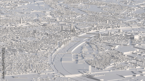 White 3D city model of Cologne. Aerial view with Cologne Cathedral in the centre.