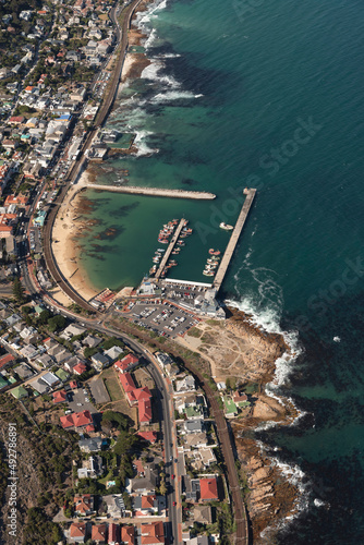 Kalk Bay, Cape Town, South Africa. 2022. Aerial view of the fishing harbour at Kalk Bay waterfront.
