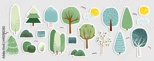 Set of trees stickers with white outline. Vector hand drawn illustration.