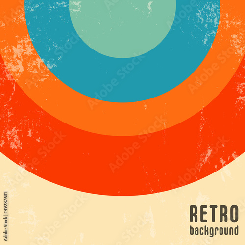 Retro design background with vintage grunge texture and colored round stripes. Vector illustration