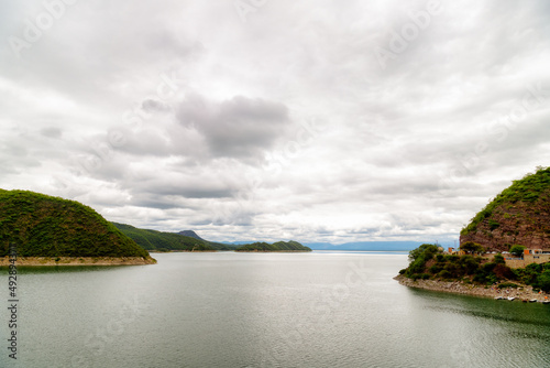 Panoramic view of the Cabra Corral reservoir with hills in Salta, Argentina