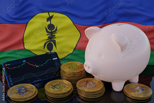 Bitcoin and cryptocurrency investing. New Caledonia flag in background. Piggy bank, the of saving concept. Mobile application for trading on stock. 3d render illustration.