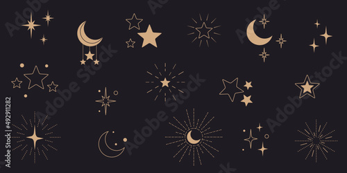 Gwiazdy i półksiężyce - błyszczące ikony. Gwieździsta noc, spadająca gwiazda, fajerwerki, migająca gwiazdka, świecące, złote wektorowe ilustracje.