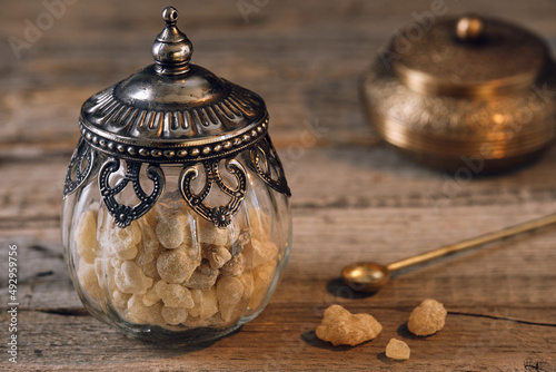 Glass with high quality aromatic frankincense resin from Oman (Boswellia) used for religious rites, incense and perfumes