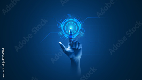 Hand touch digital hud interface futuristic technology background of virtual computer screen display ui future concept or cyber communication hologram and innovation internet system on vr cyberspace.