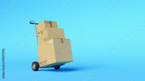 Hand truck with cardboard boxes on blue background. Moving house concept. Relocation, cargo delivery, logistics and distribution. Warehouse. Minimal composition. 3d illustration. 3d render.