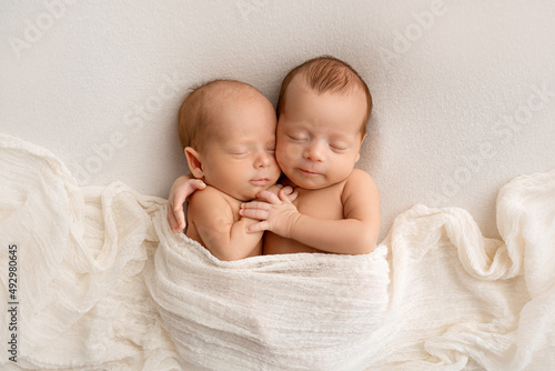 Tiny newborn twins boys in white cocoons on a white background. A newborn twin sleeps next to his brother. Newborn two twins boys hugging each other.Professional studio photography