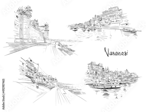 Varanasi. India. Hand drawn vector illustration. 