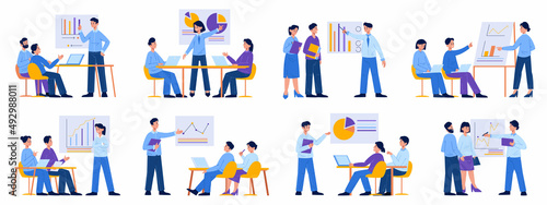 Business meeting or presentation, business coach and office team. Office team business training or conference vector illustration set. Teamwork presentation