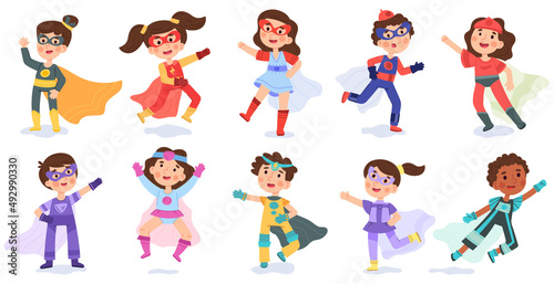 Kid superhero, cartoon super child characters. Baby superheroes in colorful costumes vector illustration set. Multiracial boys and girls superheroes