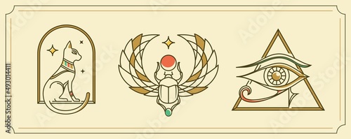 Ancient Egypt vintage art hipster line art Illustration vector with eye of horus, Sacred scarab and Cat, old school tattoo style artwork collection set.