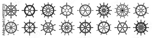 Collection of vintage steering wheels. Ship, yacht retro wheel symbol. Nautical rudder icon. Marine design element. Vector illustration