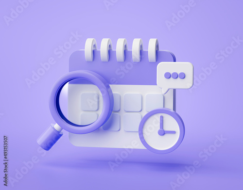 Purple calendar clock search icon reminder notification concept website ui on purple background 3d rendering illustration