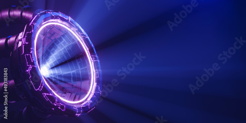 3d rendering sci fi portal with light ray and pink and blue neon light. Concept futuristic background with copy space for text or message.