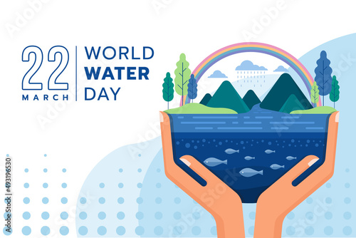 world water day - hand hold care earth with the rain falls the river flows from the forest to the sea vector design