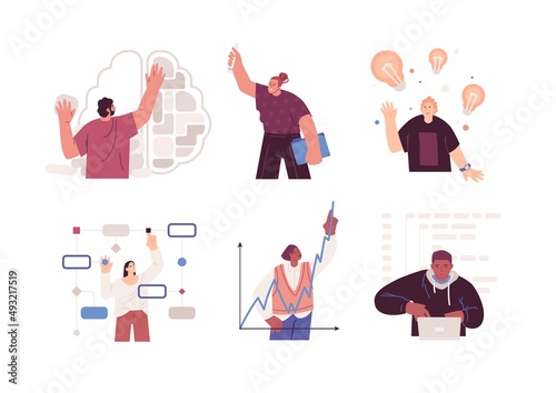 A set of people with different ways of thinking and mindset: structural, creative, imaginative and logical thinking. Vector flat illustration isolated on white