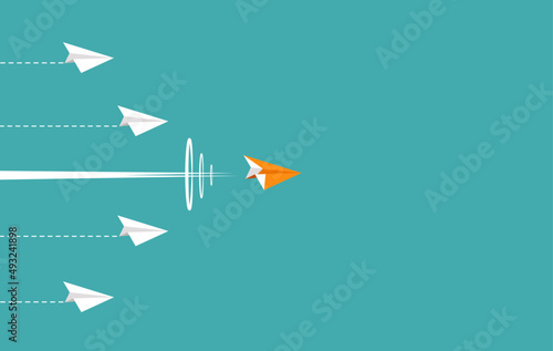 Orange paper plane leader fly supersonic speed on the blue sky. Competition concept. Vector illustration flat design for poster, banner, presentation, and background.
