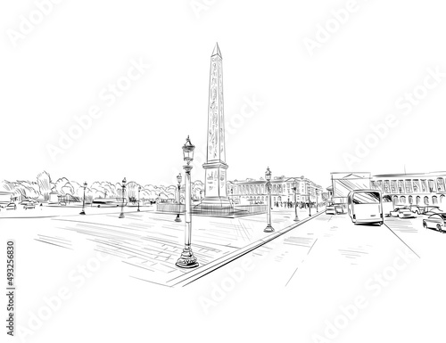 Luxor Obelisk. Place de la Concorde. Paris, France. Urban sketch. Hand drawn vector illustration