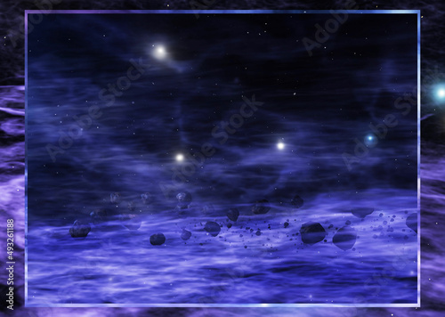 Frame of cosmos with asteroids, 3d rendered