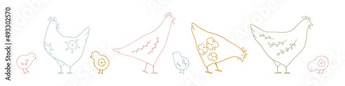Set of line art Easter chickens with floral elements in pastel color. Hand drawn vector collection with cute festive chicks for spring design and Easter holidays. Charming Easter traditional elements