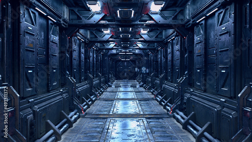 Futuristic corridor in a sci-fi fantasy space ship or station. 3D illustration.