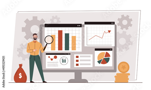 Business data analysis concept. Man with magnifying glass studies statistics and develops strategy for promoting company. Entrepreneur checks graphs and charts. Cartoon flat vector illustration