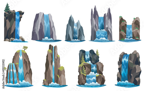 Waterfalls set. Cartoon landscapes with mountains and tree. River falls from cliff on white background. Picturesque tourist attraction with clear water