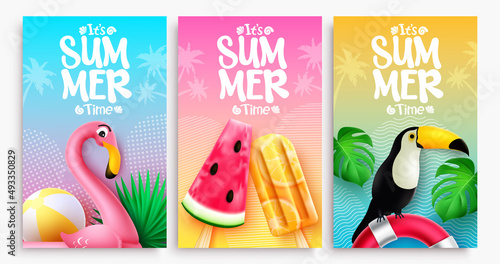 Summer vector poster set design. It's summer time text in colorful background with flamingo, toucan and popsicles elements for tropical season collection. Vector illustration. 