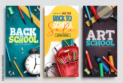 Back to school vector poster set. Back to school text in art board background with educational creativity supplies for education sale promotion ads collection. Vector illustration. 