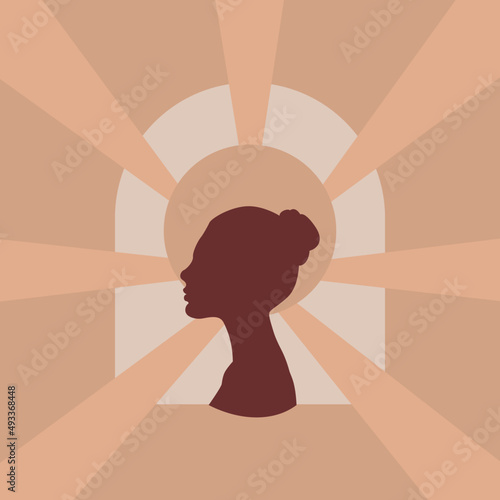 Kobiecy profil symbolizujący siłę, młodość i piękno. Wschód kobiecości. Wektorowa ilustracja do druku jako kartka, tapeta, plakat lub jako grafika do postów na blog lub social media story.