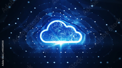 Storage technology concepts transfer data to cloud computing platforms. A large cloud icon stands out in the glowing center and a small cloud icon between polygons connected to a dark blue background.