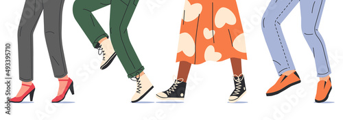 People Walking in Modern Shoes. Set of Various Female and Male Shoes with Feet. Boots, Sneakers, Heels. Girl and Boy Footwear. Different Woman and Man Shoes. Cartoon Flat Vector Illustration