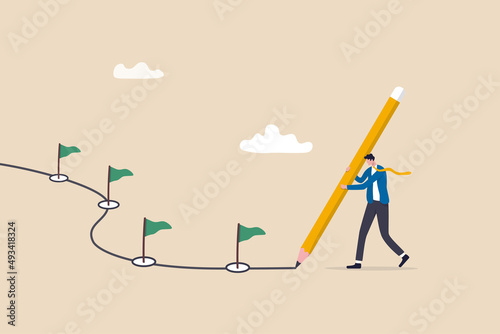 Workflow or working process, project progress, milestone or achievement tracking, work experience or journey concept, businessman using pencil to draw workflow line with achievement flag milestones.