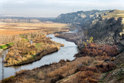River Jarama, vegetation in fall time and gullies in Titulcia. Madrid. Spain. Europe.