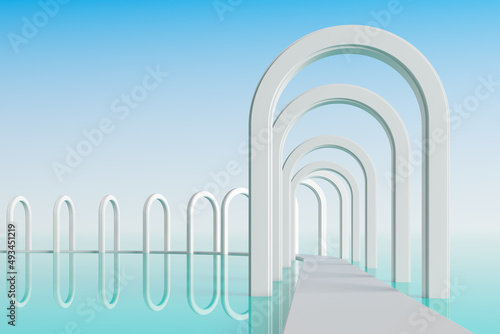 Concrete arch entrance White bridge and pier walkway on the green water in the sea with clear blue sky. Travel tourism in summer Places to stay and hotels concept.