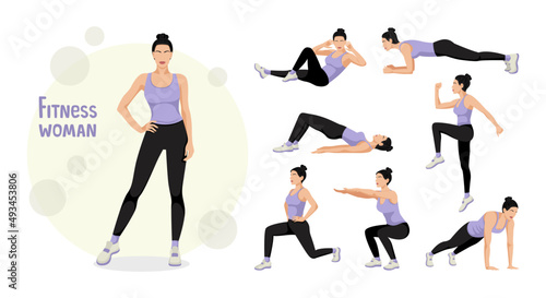 Fitness woman. A set of exercises for women. Lunges, push-ups, squats, planks. Body workout. The concept of an active and healthy life. Vector illustration isolated on white background